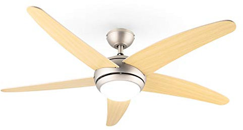 KLARSTEIN Bolero - 2-in-1 Ceiling Fan, Diameter: 134 cm, Ceiling Lamp, Low Power Consumption: 55W, Wood Blades, Air Flow of 10,21m³/h, Two Directions of Rotation, Remote Control Included - Maple