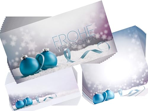 Weihnachtskarten Set | Weihnachtskugeln im Schnee | 10 Klappkarten mit Einleger + 10 Briefumschläge DIN LANG | Karten Set