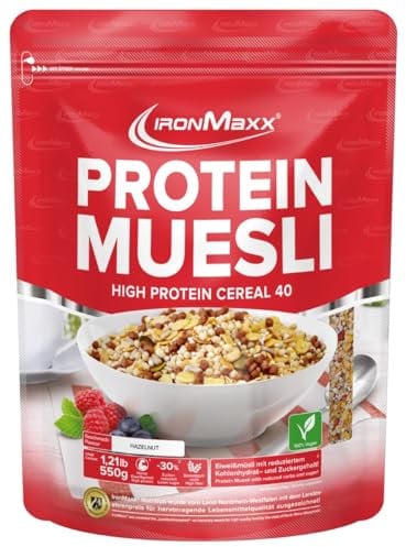 IronMaxx Muesli Proteico vegano senza lattosio, gusto nocciola, sacchetto da 550g (1 confezione)