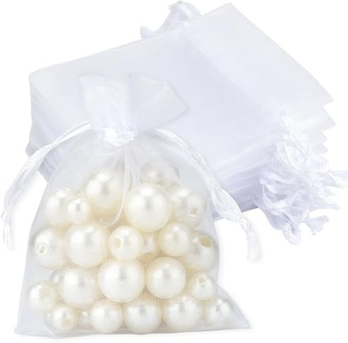 jijAcraft Kleine Organzasäckchen 7× 9CM, Weiß Organza Beutel Hochzeit, 100 Stück Organzasäckchen Geschenk, Organza Schmuckbeutel mit Kordelzug für Süßigkeiten, Geschenk