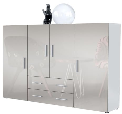 Vladon Highboard Nora Anrichte mit 2 Schubladen und 4 Türen mit insgesamt 8 Fächer dahinter, Weiß matt/Sandgrau Hochglanz (166,5 x 106,5 x 35 cm)