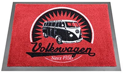 BRISA VW Collection - Volkswagen Fuß-Matte-Tür-Vorleger-Schuh-Schmutzfang-Abstreifer mit T1 Bulli Bus Motiv (Vintage Logo/Rot)
