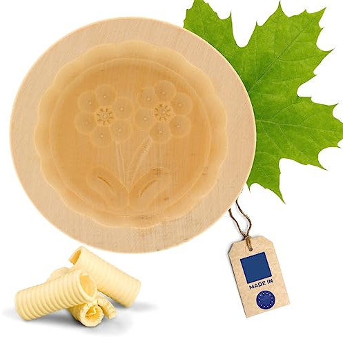 HOFMEISTER® Butterform, für 60 g Butter, 8 cm, Blume D, handgeschnitzt in Deutschland, Butter-Form zum Dekorieren, runde Sturz-Form, Butter-Model aus heimischem Ahorn-Holz