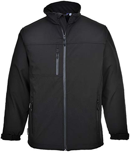 Portwest TK50 Softshell-Jacke Fleecegefüttert Großzügige Passform 6 Taschen | Schwarz, M, UPF 50+, Polyester Winddicht, Klettverschluss, Stehkragen, Langarm, Wasserabweisend, Atmungsaktiv