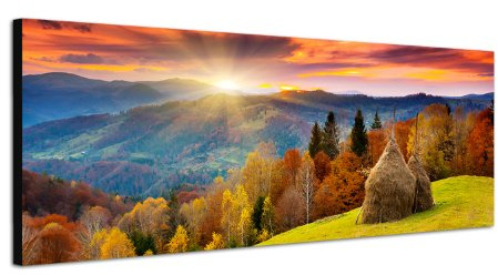Paul Sinus Art Panoramabild auf Leinwand und Keilrahmen 120x40cm Wald Berge Wiese Herbst Sonnenuntergang