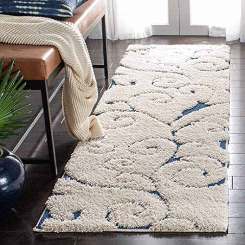 SAFAVIEH Florida Shag Collection Runner Rug - 2'3 x 7', Cream & Blue, Scroll Design, Non-Shedding & Easy to Clean, High-Low Plush Pile, Ideal for Bedroom, Foyer, Hallway (SG455-1165)