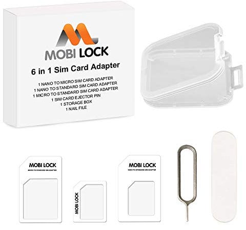 Kit adaptador de tarjeta SIM 6 en 1 (Micro, Nano, Estándar) para iPhones (16, 15, 14, 13, X Pro), todos los smartphones Android (Samsung, HTC, Huawei, Sony, Pixel...), iPads y tabletas - por Mobi Lock