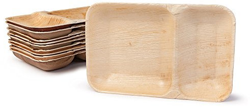 BIOZOYG Palmware DTW05589 Assiette jetable en Feuille de Palmier, 25 pièces, carrée, 2 Compartiments, 25x14 cm, compostable