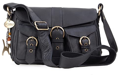 Catwalk Collection Handbags - Damen Leder Umhängetasche - Crossbody Bag/Handtasche Mittelgroß - Verstellbarer Schultergurt - Louisa - Schwarz