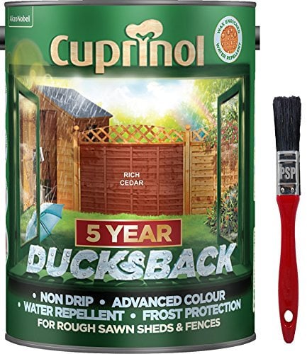 New 2020 Cuprinol Ducksback Shed & Fence Paint 5 Litre Rich Cedar. Non Drip, Water Repellent and Frost Defence. Protection for 5 Years. Includes PSP Touch up Brush.
