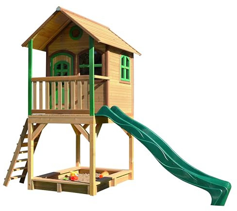AXI Sarah Playhouse with Sandpit and Green Slide, Stilt House in Brown and Green, Made of FSC Wood for Children, Play Tower with Wave Slide for the Garden