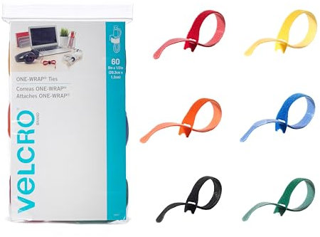 VELCRO Brand One-Wrap Kabelbinder, 60 Stück, 8 x 1,27 cm Riemen, mehrfarbig, stark, wiederverwendbar, Kabel-Bündelung für Heimbüro und Rechenzentren