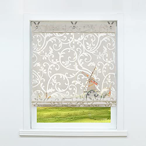 CORLIF Raffrollo ohne Bohren mit Hakenaufhängung Raffgardinen Ausbrenner Gardinen Halbtransparent Ösenrollo Vorhänge mit Blumen Sand BxH 80x130 cm 1 Stück