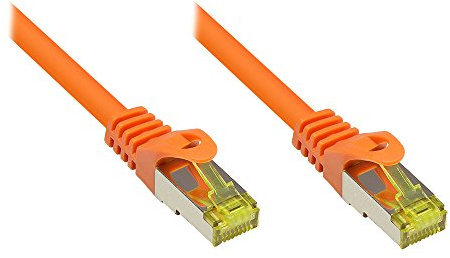 Good Connections RJ45 Ethernet LAN Patchkabel mit Cat. 7 Rohkabel und Rastnasenschutz RNS, S/FTP, PiMF, halogenfrei, 500MHz, OFC, 10-Gigabit-fähig (10/100/1000/10000-Base-T Ethernet Netzwerke) - z.B. für Patchpanel, Switch, Router, Modem - orange, 0,25 m
