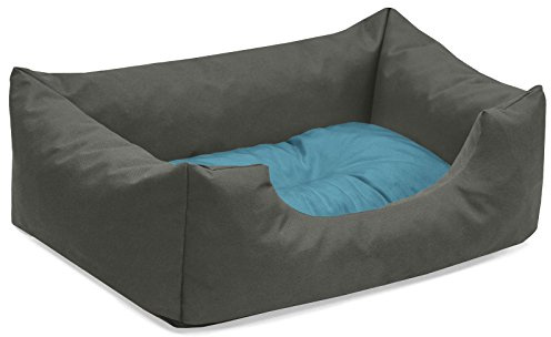 BedDog Hundebett Mimi, Hundesofa aus Cordura, Microfaser-Velours, waschbares Hundebett Vier-eckig mit Rand, Hundekissen für drinnen, draußen, S, grau-blau