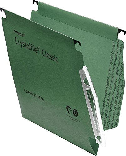 Rexel 275 Lateral Hanging Files with Tabs and Inserts, 15 mm V-base, 100 Percent Recycled Manilla, Green, Crystalfile Classic, Pack of 50, 78652
