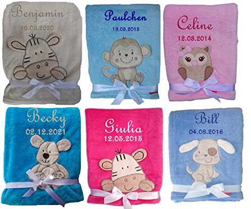 Bibos Kuschlige Babydecke 3D WEICH FLAUSCHIG mit Namen und Datum bestickt, Polyester, Einlagedecke, Babydecke, 76 cm x 102 cm, Rosa