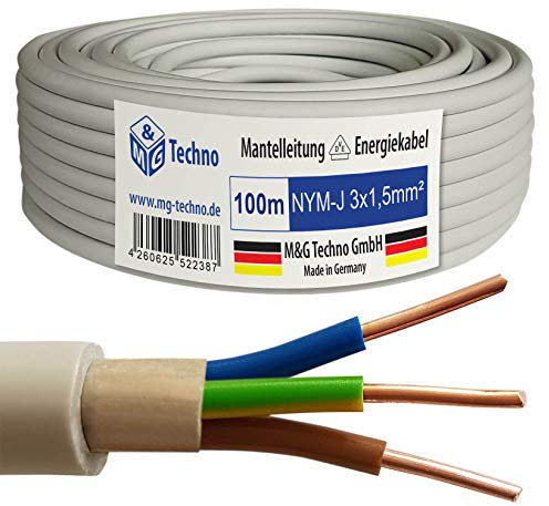 M&G Techno 100m NYM-J 3x1,5 mm² Mantelleitung Elektro Strom Kabel Kupfer eindrähtig Made in Germany