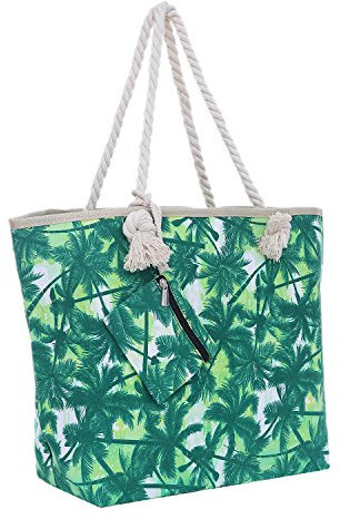 DonDon Strandtasche XXL mit Reißverschluss - Umhängetasche Damen, Shopper Tasche Damen im Beach Look mit Schulterriemen - Urlaub Must Haves Beach bag - Palmen grün weiß