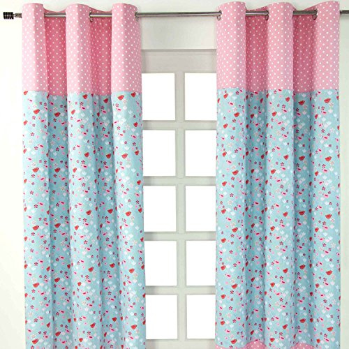 Homescapes Kindervorhang Mädchen Kinderzimmer Ösenvorhang Fensterdekoration Vögeln und Blumen 2 Stücke pink blau 100% Reine Baumwolle (B 117 x H 137 cm)