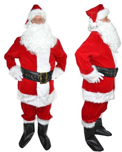 SHATCHI Traditional Deluxe Regal Plush Father Santa Claus Suit Fancy Dress Costume Hat, Wig, Beard, Gloves, Boot Covers, Half Moon Glasses 8Pcs Christmas Outfit, Unisex, Red and White, XL