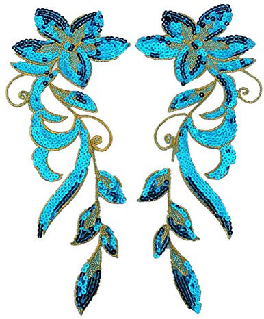 (Pack of 2)Dancing Orchid Flowers Embroidered Iron on Patches Sequin Appliques for Neckline Clothing Garment Embellishment(SkyBlue)