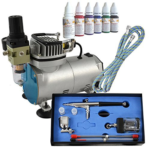 Profi Airbrush Set Kompressor Compact II POWER mit 6*30ml Farben Set Kit mit sehr leisem Airbrush Kompressor / Universal Airbrush-Pistole Double-Action inkl. 3 Düsen + Nadeln + Fliesbecher + Glas und Druckluftschlauch