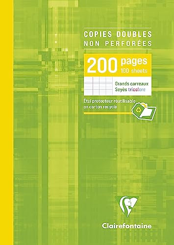 Clairefontaine 5721C Un Étui de Copies Doubles non Perforées - A4 21x29,7 cm - 200 Pages Grands Carreaux - Papier Blanc 90 g - Étui Réutilisable