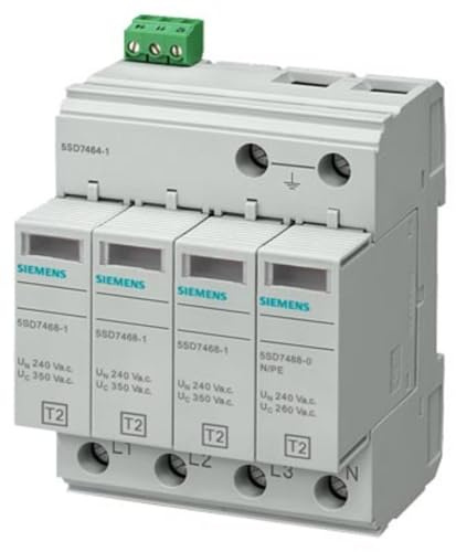 Siemens 5SD7464-1 Surge Arrester Type 2 Requirement Category C, UC 350V Plug-in Protection Blocks 4POLE, 3+1 Circuit for TN-S and TT Systems W. Remote Display, White