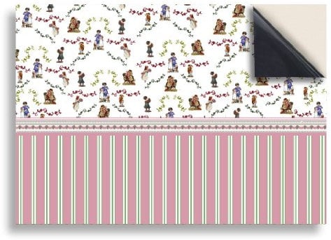No 8 Nursery Regency: NEW SELF ADHESIVE Dolls House Wallpaper : 1/12th scale Sheet Size : 12. 1/12” wide x 8.3/4” high (318mm x 225mm) Superior “Non see through” Semi Matt Vinyl Coverings that can be applied instantly over existing papers or directly on to any smooth surface – substantial thickness !
