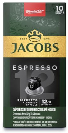 Jacobs Espresso 12 Ristretto Cápsulas de café, Compatible con Nespresso, 10 cápsulas de 5,2 g