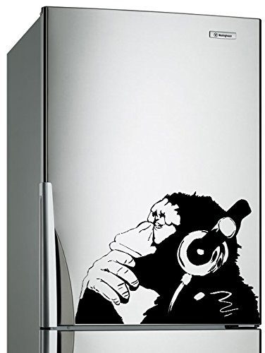 (60x 42cm) Banksy Vinyl Wand Aufkleber Affe mit Kopfhörer/One Farbe Chimp Musik hören in Kopfhörer/Street Graffiti Aufkleber + Gratis Aufkleber Geschenk