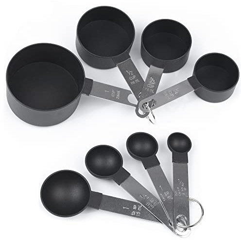 Measuring Cups and Spoons Set with Stainless Steel Handles 8pcs, Plastic Cup Measurements Set & Engraved Scale for Liquid & Dry Ingredients, Kitchen Tools for Cooking, Baking, Black