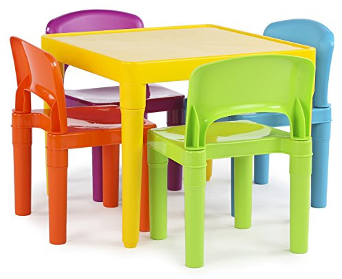 Humble Crew Vibrant BPA Free Plastic Square Table and 4 Chairs Set for Toddlers,Lightweight and Easy to Clean Furniture,Ideal for Learning,Playing, Eating and Crafting -Yellow/Orange/Green/Blue/Purple