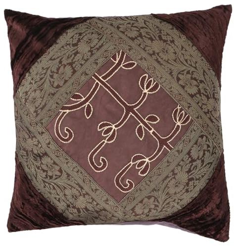 GURU SHOP Orientalische Samt & Brokatkissenhülle, 40x40 cm, braun Muster 1 | Kissenhülle aus 100% Baumwolle, stilvolle Akzente, pflegeleicht, vielseitig einsetzbar.