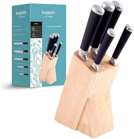 Kuppels TOUCH Messerblock inkl. Messer-Set, rostfrei & poliert, Gemüsemesser, Allzweckmesser, Schinkenmesser, Brotmesser & Kochmesser, Gummibaum-Holz, Edelstahl, Braun/Silber, 6-teilig…