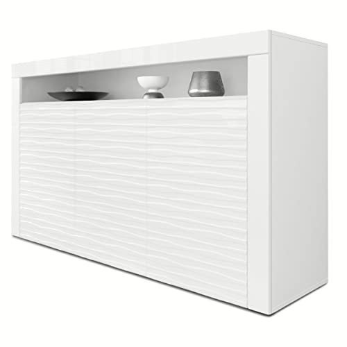 Vladon Buffet Valencia, Commode avec 3 Portes et 1 Compartiment Ouvert, Blanc Mat/Blanc Haute Brillance Harmony Structure 3D/Blanc Haute Brillance (155 x 92 x 40 cm)