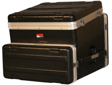 Gator Cases Schrägaufsatz-Konsolenrack 10U Oben, 4U unten, schwarz-Silber (GRC-10X4)
