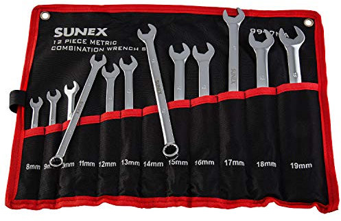 Sunex Tools 9917MA - Juego de llaves combinadas métricas con ranura en V, 8 mm - 19 mm, totalmente pulidas, 12 piezas (incluye estuche enrollable)