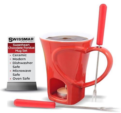 Swissmar F12066 Sweetheart Schokoladen Fondue Becher Set 4-teiliges, Gusseisen/Edelstahl, Rot, Schokofondue Teelicht Beheizt, mit 2 Fondue Gabeln, Spülmaschinenfest, Geschenkset