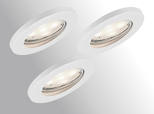 Trango 3er Set IP44 Einbaustrahler 6729IP-036-5WAK in Weiß matt inkl. 3x 5 Watt GU10 LED Leuchtmittel 3000K warmweiß & Fassung für Bad, Außen, Dusche Einbauleuchte, Badleuchte, Deckenstrahler