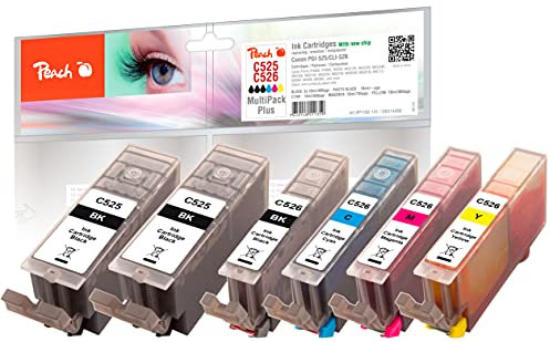 Peach C525/526 Spar Pack Plus Druckerpatronen XL (2xBK, PBK, C, M, Y) ersetzt Canon PGI-525*2, CLI-526, 4541B006 für z.B. Canon Pixma MG 5350, Canon Pixma MG 5150, Canon Pixma MG 6250