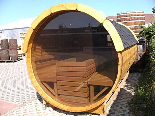 JUNIT SFF19352 Ø 1,9 m, L 3,5 m, Saunafass aus Fichte mit Panorama - Glaswand, 1m Vorraum ohne Terrasse für 6 Personen