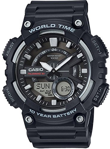 Casio Herren Quartz Armbanduhr, 47.00mm Gehäusegröße mit schwarz analog/digital Zifferblatt und schwarz Rubber Strap Armband AEQ-110W-1AVEF