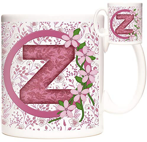 LETTER Z GIFT MUG, monogram initial Z mug, Alphabet Letter Z Mug, Birthday or celebration gift for people who's name begins with Z. Pink flower design mug,