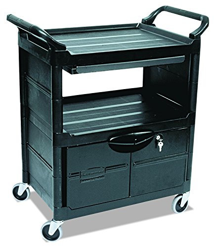 Rubbermaid Commercial Plastic Service and Utility Cart with Cabinet and Sliding Drawer, Black (FG345700BLA)