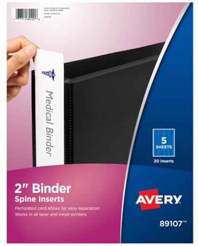 Avery Custom Binder Spine Inserts, 2 Spine Width, 4 Inserts/Sheet, 5 Sheets/Pack