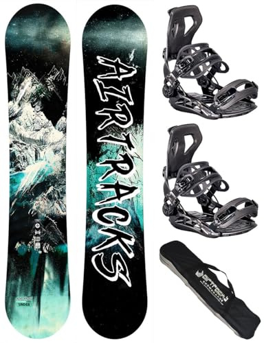 Airtracks Herren Snowboard Set - Under Flat Zero Rocker Snowboard Wide - Snowboardbindung Master Fastec - Snowboard Bag 156 159 163 165 cm