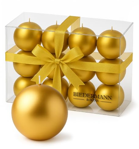 Biedermann & Sons Gold Ball Candles (Set of 12), Unscented Metallic Spheres, 1.5 Inch Small Rounds, Approx 2 Hour Burn, for Table Decor and Display Styling