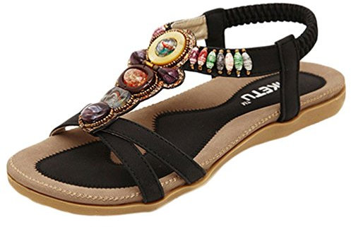 YOUJIA Rétro Confortable Intérieure Nu Pieds Femme Plates Sandales Noir 35